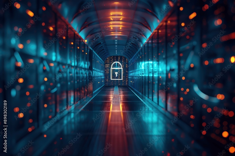 Cyber security 3D render of a digital padlock in the center of a long corridor with data storage cabinets on the sides, orange and blue lights, glowing elements, and a blurred background, in a futuris Cyber security 3D render of a digital padlock in the center of a long corridor with data storage cabinets on the sides, orange and blue lights, glowing elements, and a blurred background, in a futuris