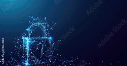 A glowing digital lock on a dynamic particlefilled blue background symbolizes cybersecurity