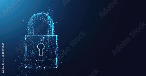 A glowing digital lock on a dynamic particlefilled blue background symbolizes cybersecurity