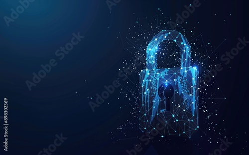A glowing digital lock on a dynamic particlefilled blue background symbolizes cybersecurity