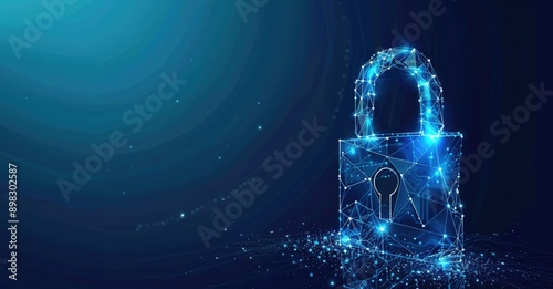 A glowing digital lock on a dynamic particlefilled blue background symbolizes cybersecurity