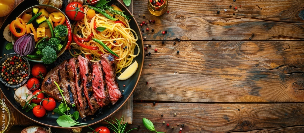 A delectable plate featuring marbled beef steak fresh veggies and Italian spaghetti on a roasting board over a wooden backdrop for menu designs with copy space image A delectable plate featuring marbled beef steak fresh veggies and Italian spaghetti on a roasting board over a wooden backdrop for menu designs with copy space image