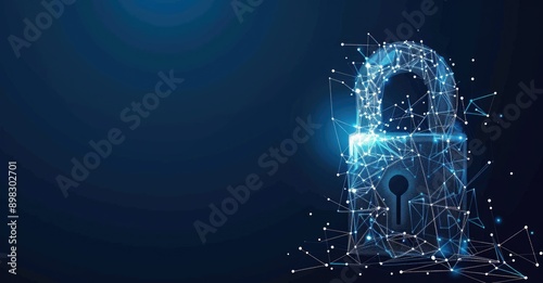 A glowing digital lock on a dynamic particlefilled blue background symbolizes cybersecurity
