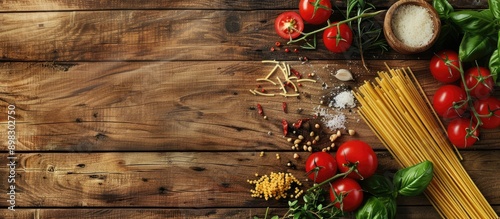 Cooking ingredients like pasta tomatoes and herbs beautifully arranged on a wooden table in a top down flat lay style with copy space image