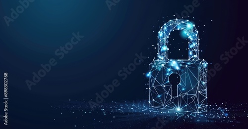 A glowing digital lock on a dynamic particlefilled blue background symbolizes cybersecurity