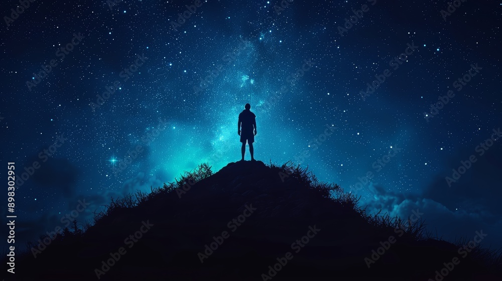 Fototapeta premium A man's silhouette atop a hill under star-filled, Milky Way night sky