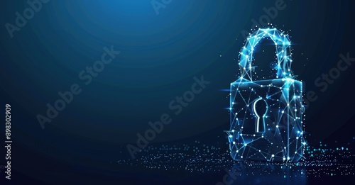 A glowing digital lock on a dynamic particlefilled blue background symbolizes cybersecurity