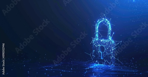 A glowing digital lock on a dynamic particlefilled blue background symbolizes cybersecurity
