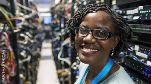 African American Woman IT Professional Managing Servers in Modern Data Center