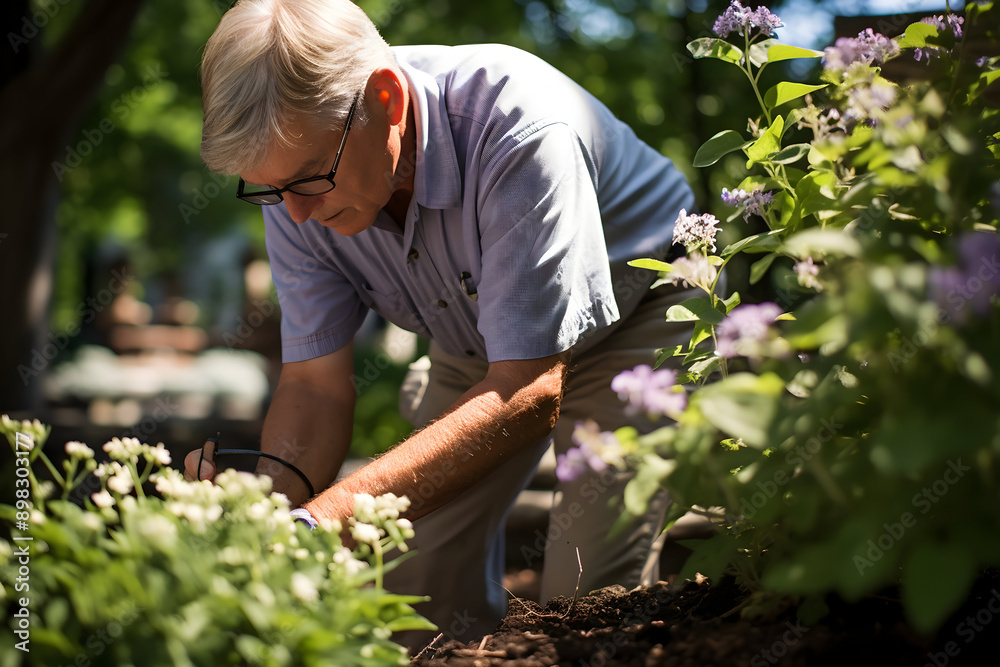 Fototapeta premium Senior man planting flowers in the garden on a sunny summer day.
