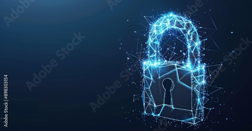 A glowing digital lock on a dynamic particlefilled blue background symbolizes cybersecurity