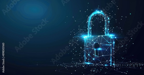 A glowing digital lock on a dynamic particlefilled blue background symbolizes cybersecurity