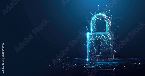 A glowing digital lock on a dynamic particlefilled blue background symbolizes cybersecurity
