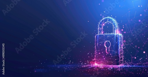 A glowing digital lock on a dynamic particlefilled blue background symbolizes cybersecurity