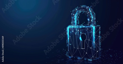 A glowing digital lock on a dynamic particlefilled blue background symbolizes cybersecurity photo