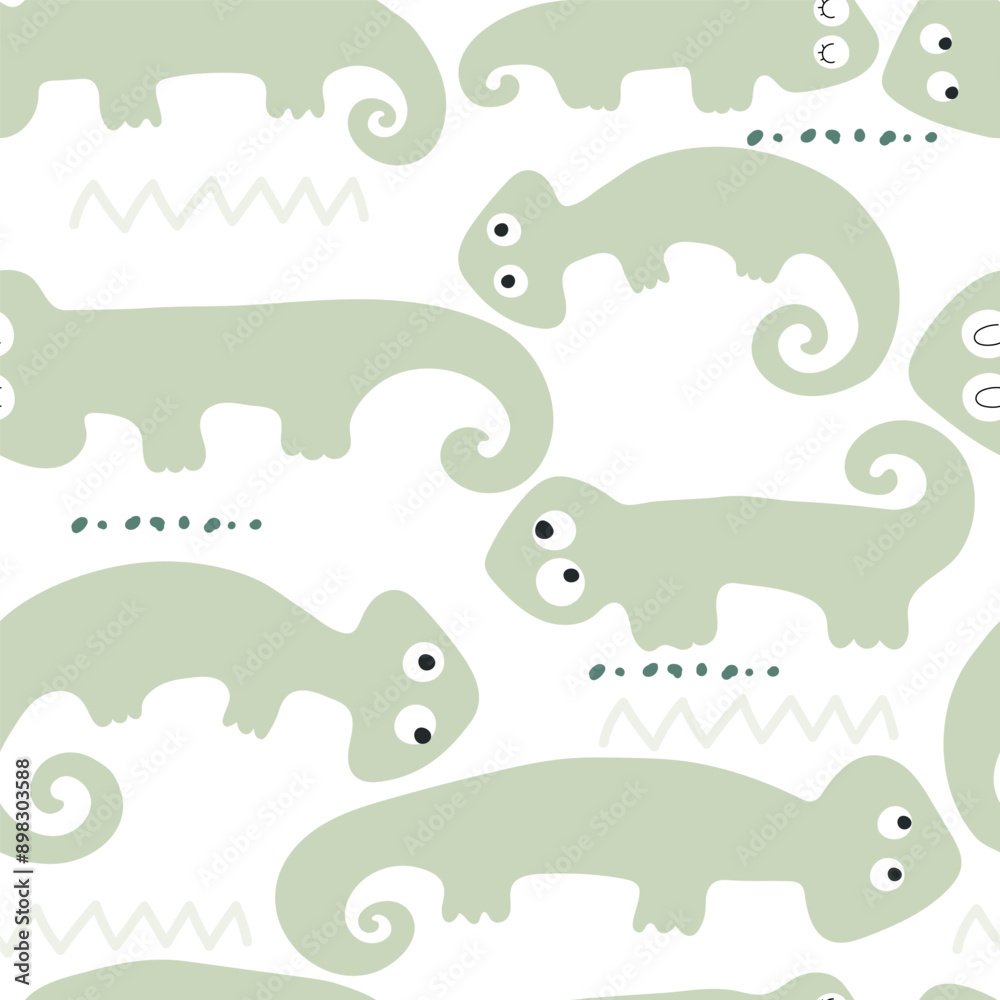 Vector hand-drawn childish seamless repeating simple flat pattern with chameleons in scandinavian style on a green background. Cute baby animals. Pattern for kids with chameleon. Lizard. Vector hand-drawn childish seamless repeating simple flat pattern with chameleons in scandinavian style on a green background. Cute baby animals. Pattern for kids with chameleon. Lizard.