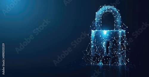 A glowing digital lock on a dynamic particlefilled blue background symbolizes cybersecurity