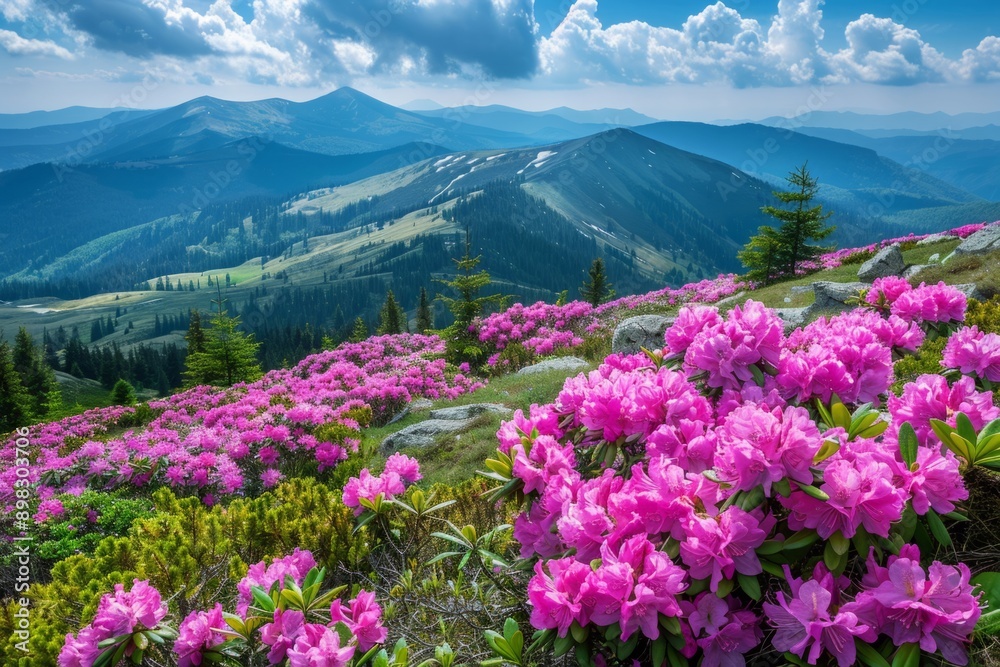 Pink rhododendron flowers in a mountain valley Pink rhododendron flowers in a mountain valley