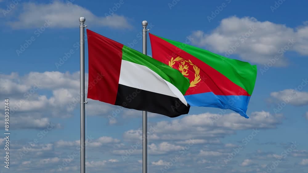 Eritrea and United Arab Emirates flags flying together, video concept of the relationship, two country cooperation concept Eritrea and United Arab Emirates flags flying together, video concept of the relationship, two country cooperation concept