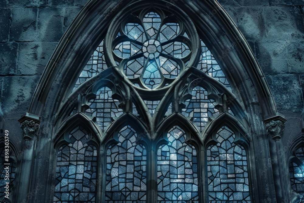 Fototapeta premium Gothic Stained Glass frame made of dark, intricate stained glass designs with pointed arches. 