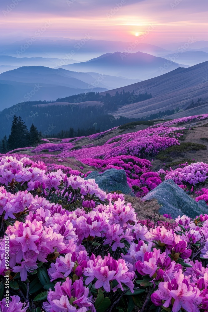 Blooming pink rhododendrons in a mountain valley. Vertical orientation Blooming pink rhododendrons in a mountain valley. Vertical orientation