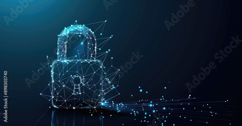 A glowing digital lock on a dynamic particlefilled blue background symbolizes cybersecurity