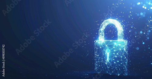 A glowing digital lock on a dynamic particlefilled blue background symbolizes cybersecurity