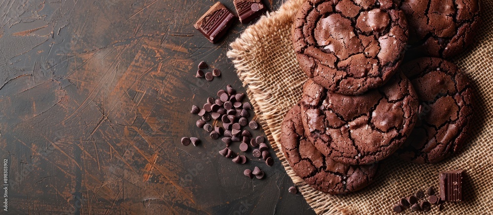 Delicious homemade chocolate cookies displayed on burlap with copy space image Delicious homemade chocolate cookies displayed on burlap with copy space image