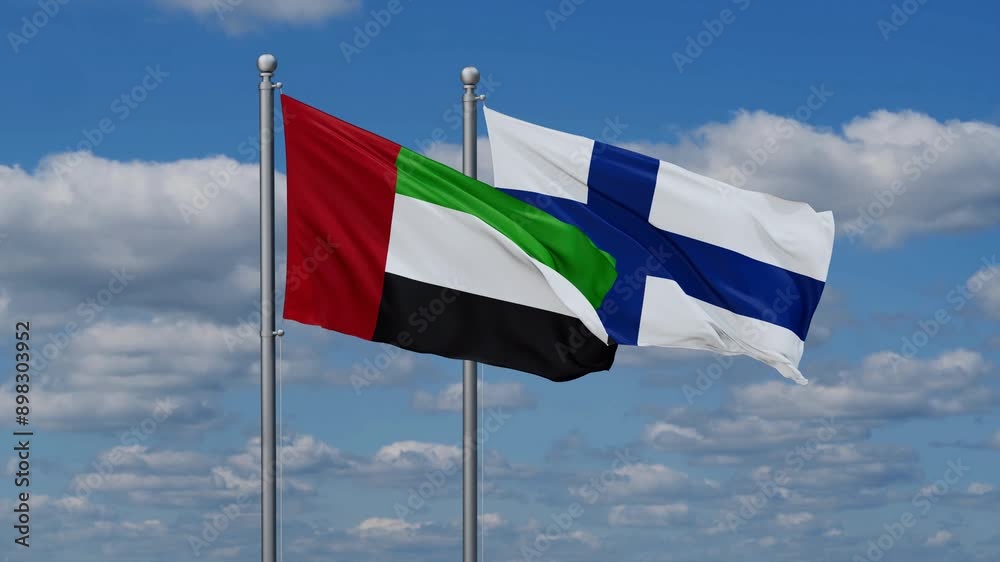 Finland and United Arab Emirates flags flying together, video concept of the relationship, two country relations concept Finland and United Arab Emirates flags flying together, video concept of the relationship, two country relations concept