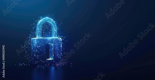 A glowing digital lock on a dynamic particlefilled blue background symbolizes cybersecurity