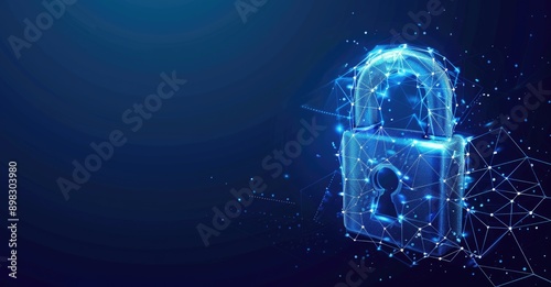 A glowing digital lock on a dynamic particlefilled blue background symbolizes cybersecurity