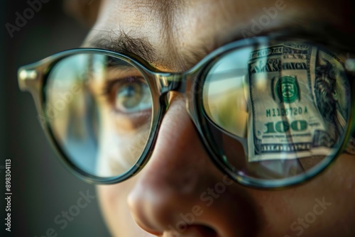 Man in glasses with reflection of dollar bills, concept of earnings and investments