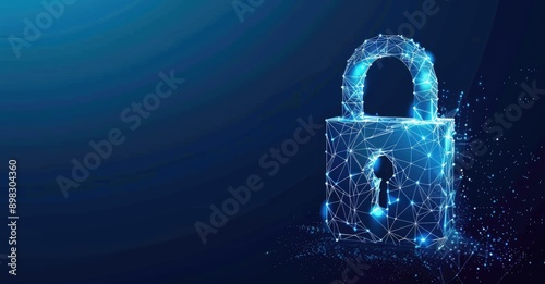 A glowing digital lock on a dynamic particlefilled blue background symbolizes cybersecurity
