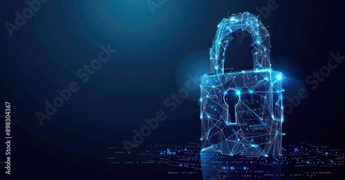 A glowing digital lock on a dynamic particlefilled blue background symbolizes cybersecurity