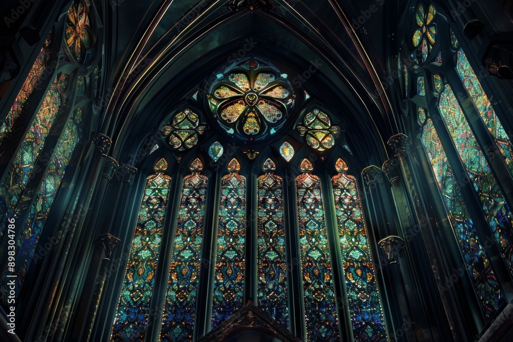 Gothic Stained Glass frame made of dark, intricate stained glass designs with pointed arches. Gothic Stained Glass frame made of dark, intricate stained glass designs with pointed arches.