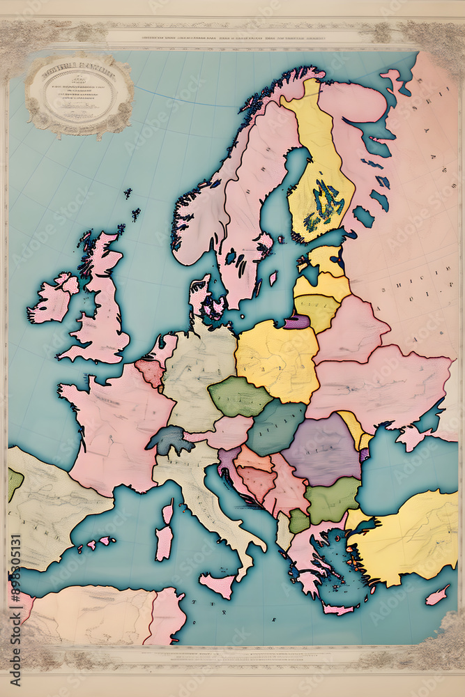 Fototapeta premium Comprehensively Detailed and Color-coded European Map, Highlighting Borders, Capitals, and Geographical Features