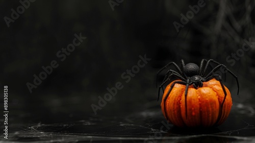 Black spider on an orange pumpkin with a dark, eerie background, with space for text photo