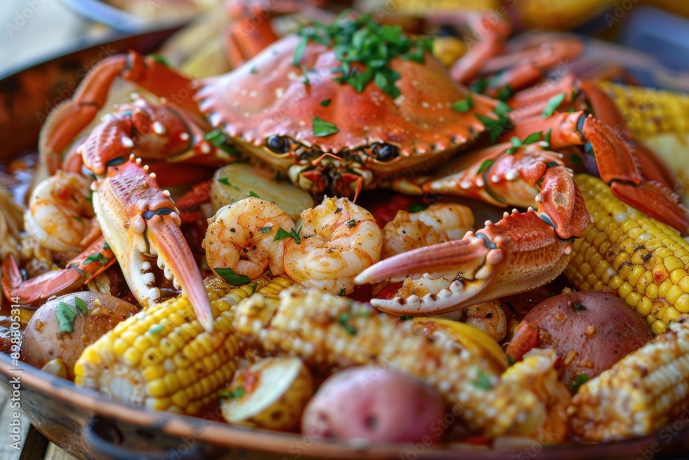 A dish of seafood boil, featuring crab legs, shrimp, corn on the cob, and potatoes, all seasoned with Old Bay. A dish of seafood boil, featuring crab legs, shrimp, corn on the cob, and potatoes, all seasoned with Old Bay.