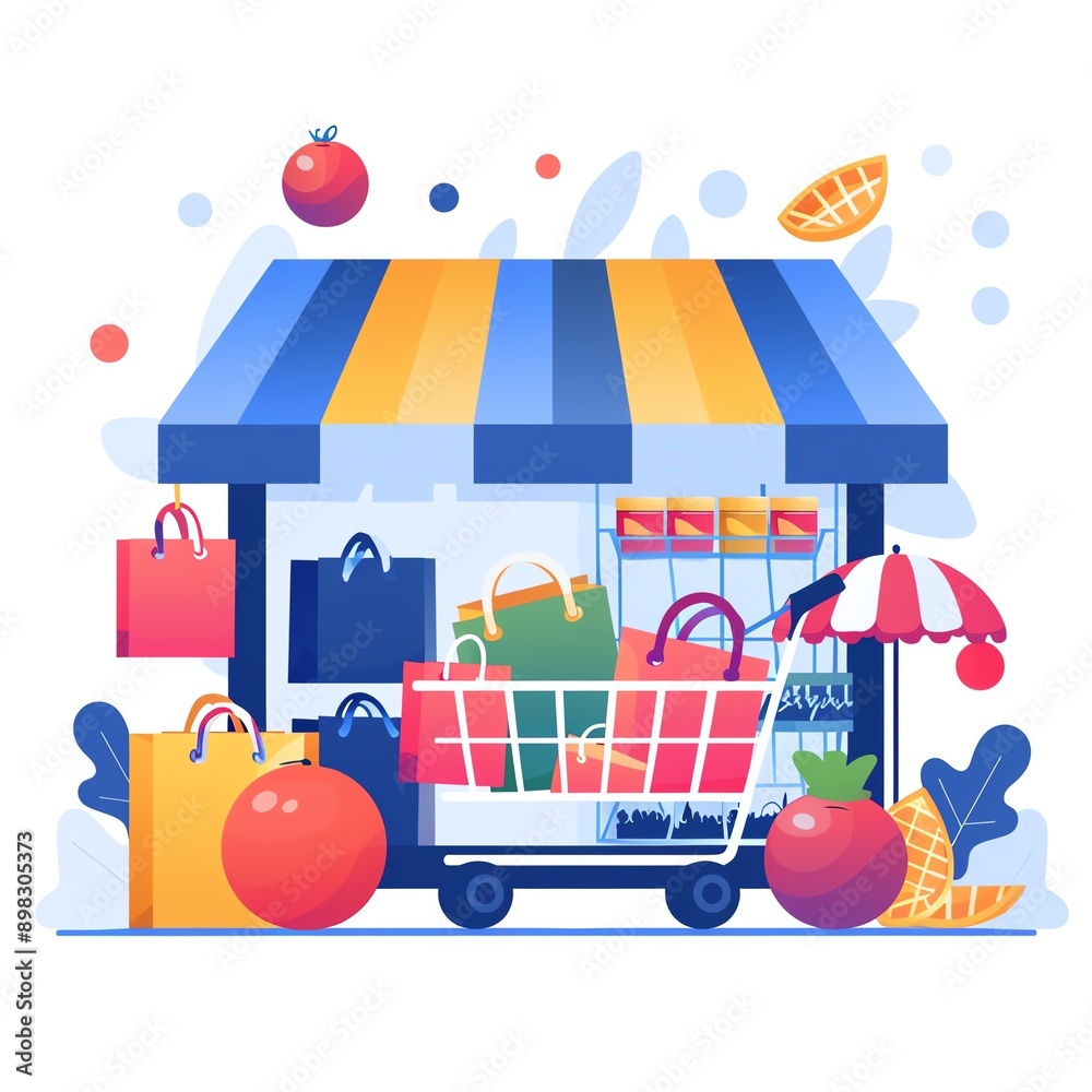 Obraz premium Colorful illustration of a market stall with shopping bags, a shopping cart, and fresh fruits, representing vibrant retail and commerce.
