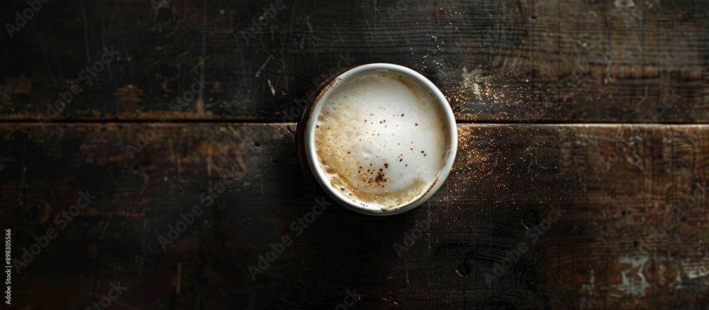 Top view of a cappuccino topped with milk on a dark wooden surface showcasing a free copy space image Top view of a cappuccino topped with milk on a dark wooden surface showcasing a free copy space image