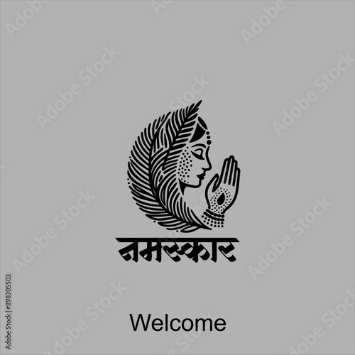 Welcome gesture Indian greeting banner in Namaste mudra on insulated background in vector. Hand drawn Boho or Mehndi Henna Tattoo style frame on a teal