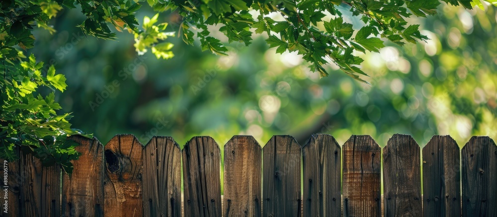 Fototapeta premium During the day a weathered brown fence beneath the leafy branches of a tree provides shade with a natural textured background framing the image with copy space