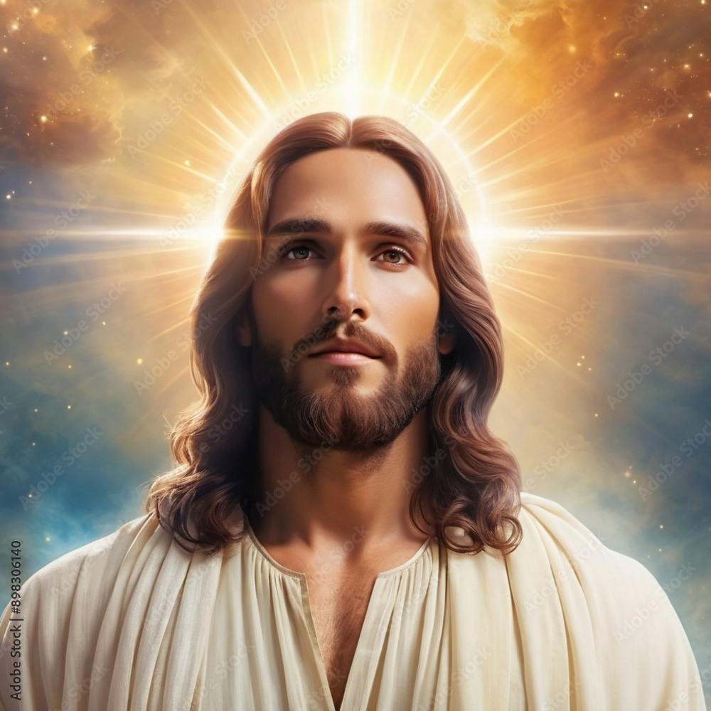 Portrait of a Man Dressed as Jesus. White robe. Long brown hair and beard. Man appears to be in his early 30s, and he has a serious expression on his face. Christian religion and faith. AI