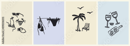 Charcoal doodle style vector illustrations poster or placard set. Creative summer print, label, cover. Ink hand drawn design elements. Sea vacation collection for invitation to beach party or picnic.