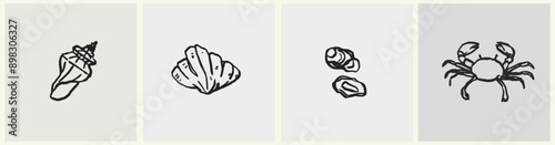 Ink tattoo sea animals collection. Contemporary abstract minimal art in charcoal or crayon drawing style vector illustration. Ink hand drawn sea shells set. Pencil drawn design elements.