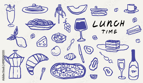 Hand drawn crayon food illustration. Sketch style breakfast, lunch icons. Vector of wine glass, croissant, spaghetti and Illustrations for invitations, menus and parties. La dolce vita italian style.