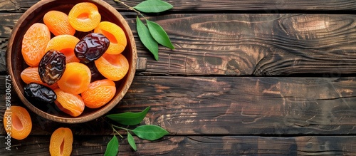 Top view of date fruits and dried apricots arranged on a rustic wooden table with copy space image