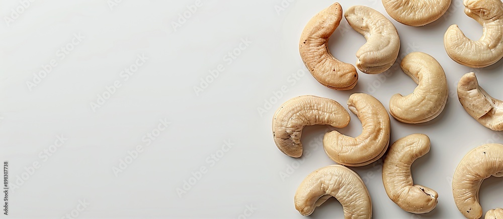 Delicious cashew nuts with copy space image on a white backdrop Delicious cashew nuts with copy space image on a white backdrop