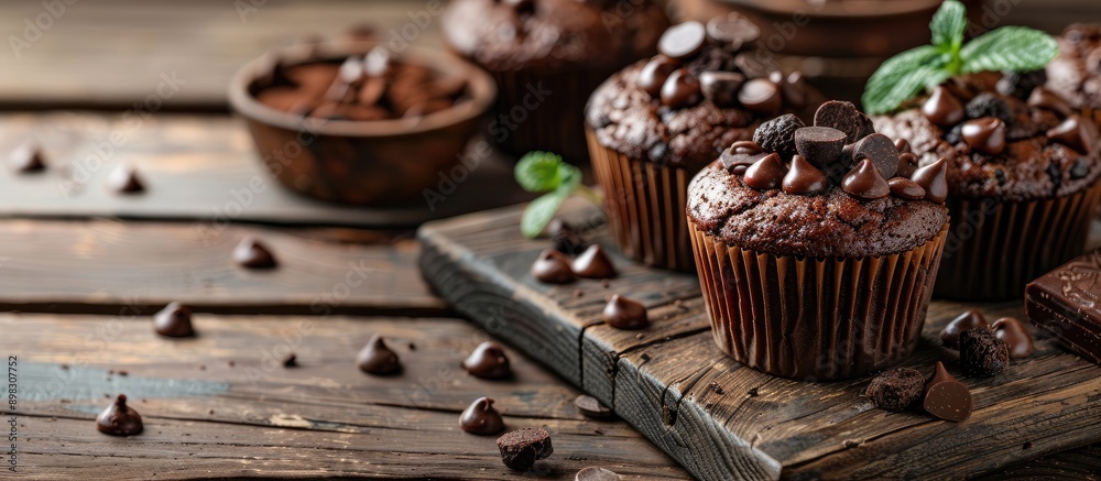 Chocolate muffin dessert with traditional flair presented on a rustic wooden backdrop showcasing space for additional visuals Chocolate muffin dessert with traditional flair presented on a rustic wooden backdrop showcasing space for additional visuals