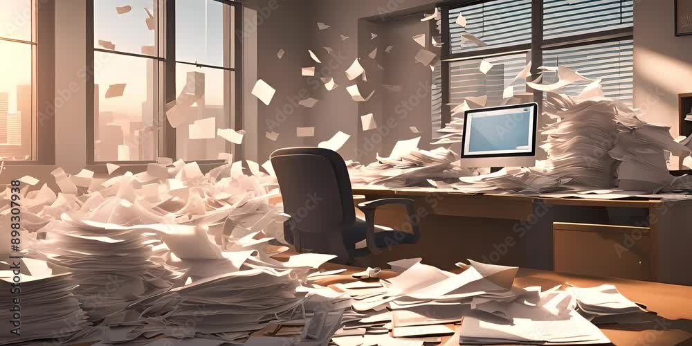 Office Desk Overflowing with Papers background video
